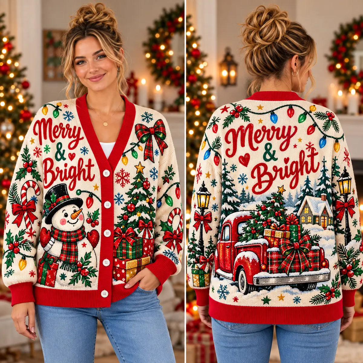 Merry & Bright Christmas Knitted Cardigan, Cozy Winter Outfit Sweater