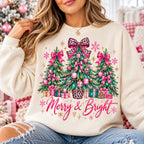 Merry and Bright Holiday Christmas Tree Bow Sweatshirt, Winter Sweater Outfit