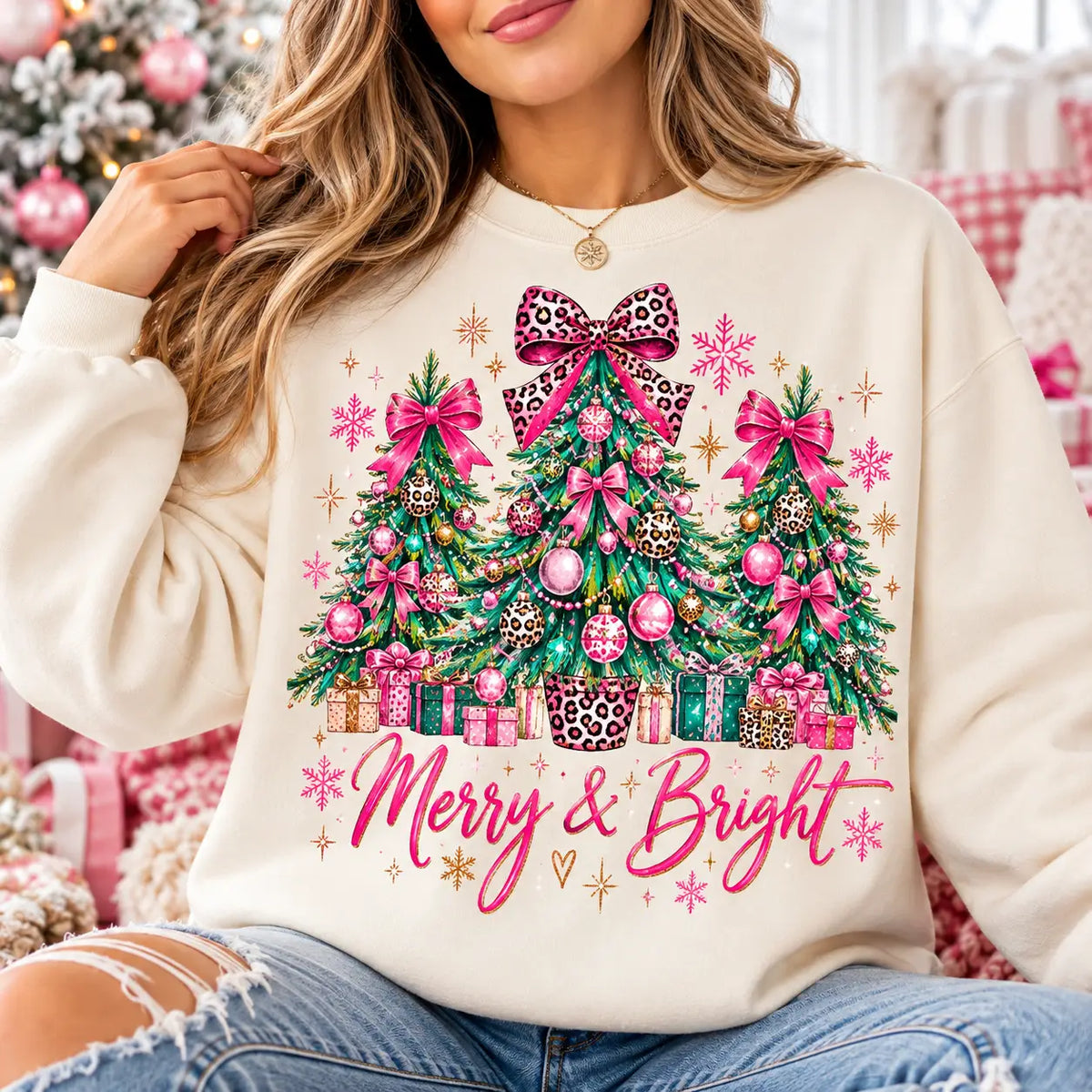Merry and Bright Holiday Christmas Tree Bow Sweatshirt, Winter Sweater Outfit