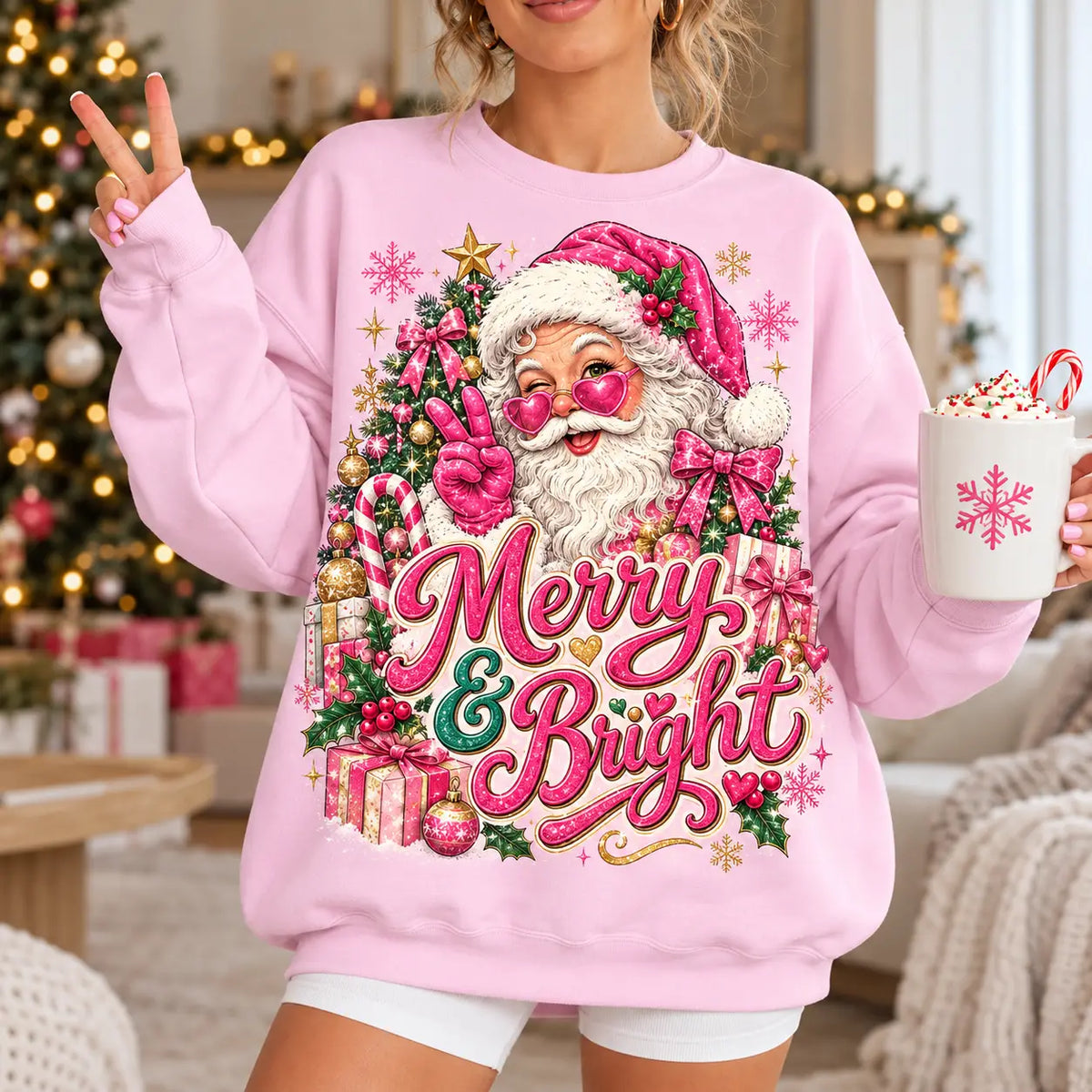Merry and Bright Santa Holiday Christmas Sweatshirt, Winter Sweater Outfit