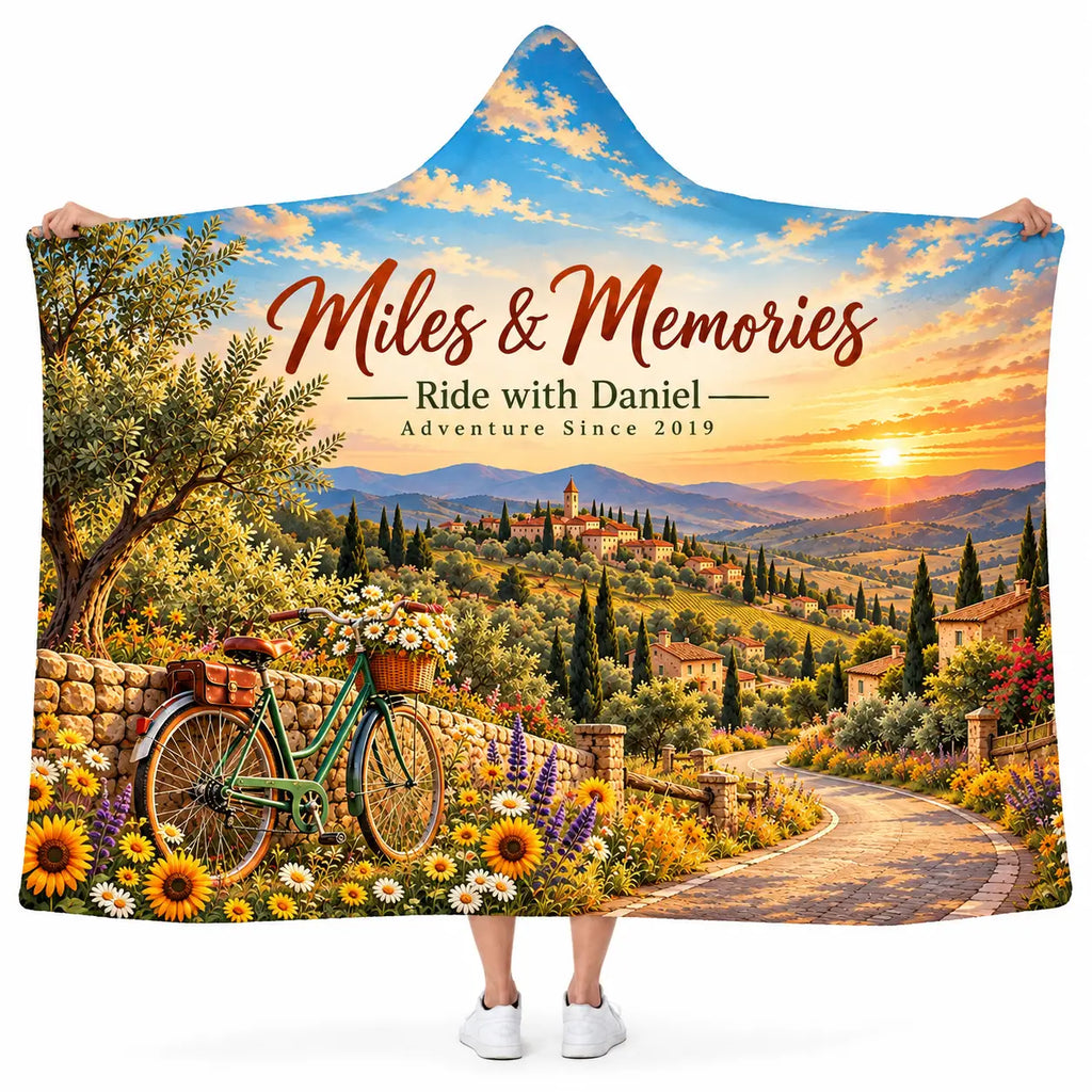 Personalized Miles & Memories Hooded Blanket - Tuscany Bicycle Sunset Scenic Fleece Throw Gift