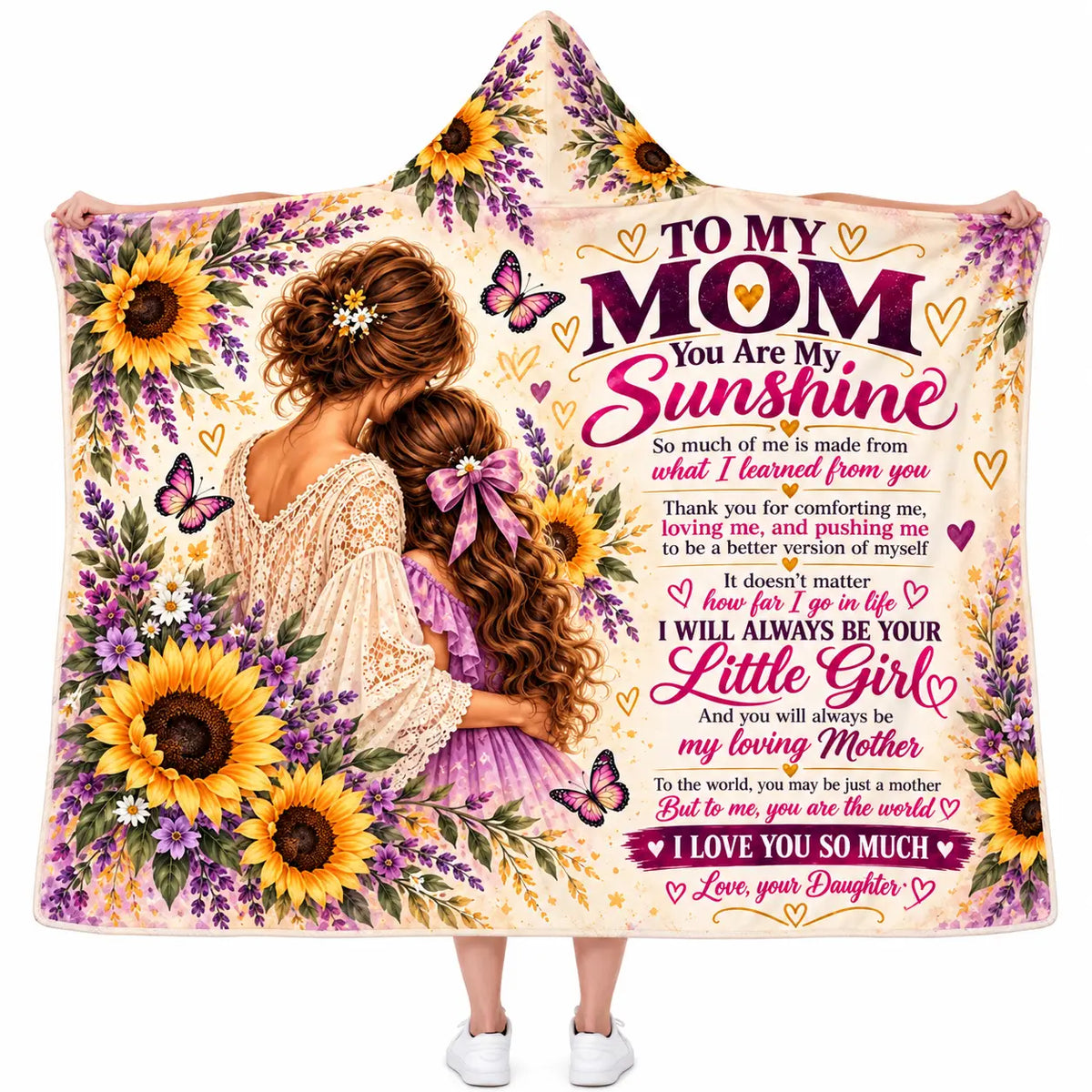 To My Mom You Are My Sunshine Hooded Blanket - Sunflower Floral Fleece Throw Gift from Daughter
