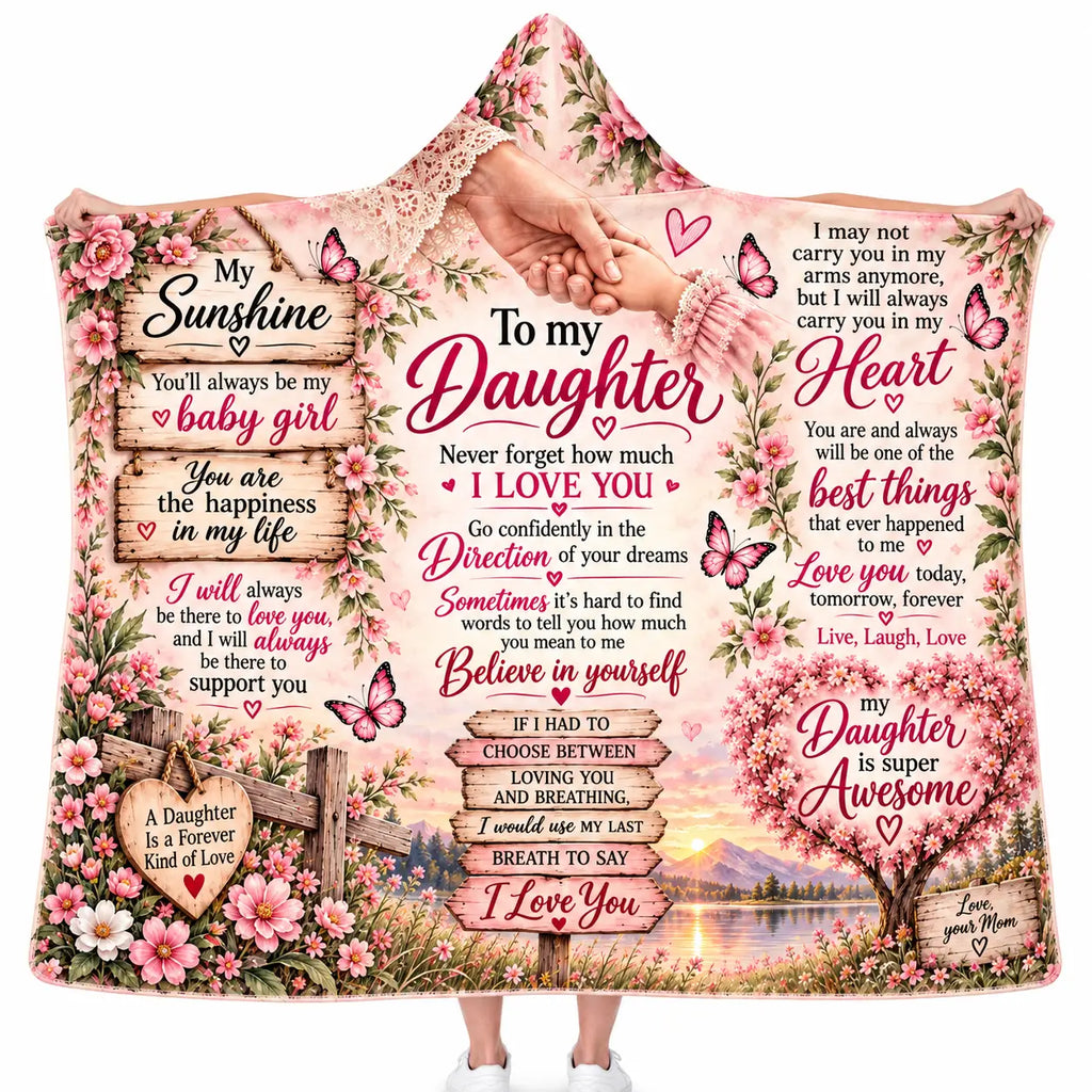 To My Daughter Hooded Blanket - Pink Floral Pink Butterfly Fleece Throw Gift from Mom