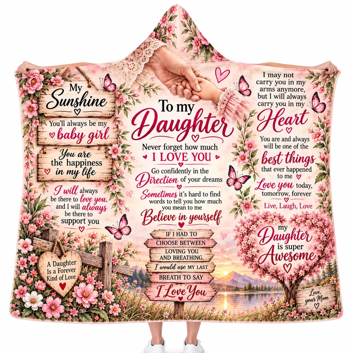 To My Daughter Hooded Blanket - Pink Floral Pink Butterfly Fleece Throw Gift from Mom