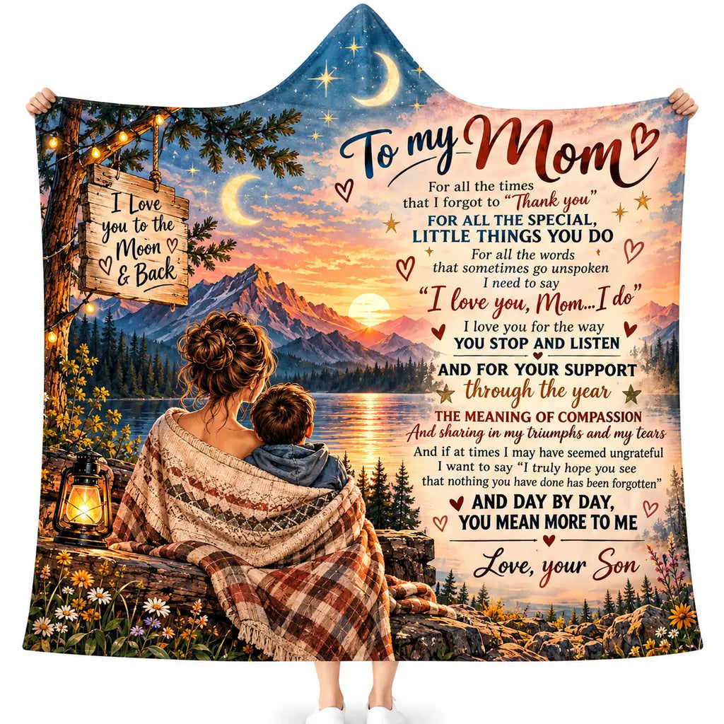 To My Mom Hooded Blanket - Sunset Mountain Lake Sentimental Fleece Throw Gift from Son