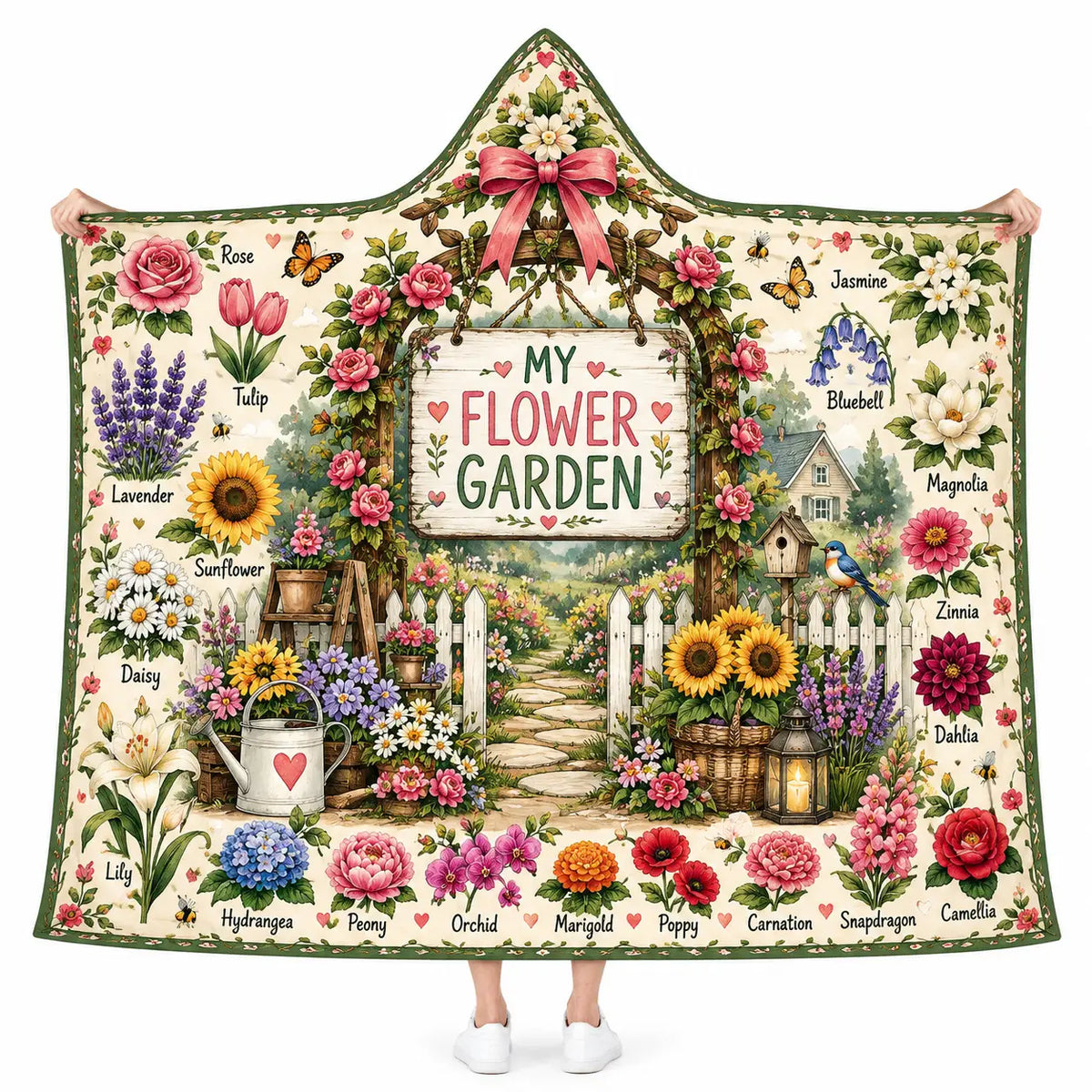 My Flower Garden Hooded Blanket, Botanical Floral Gate Gardening Gift for Women