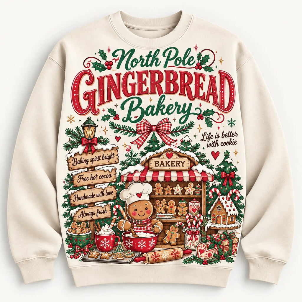 Retro North Pole Gingerbread Bakery Sweatshirt, Vintage Christmas Cookie Baking Graphic Sweater