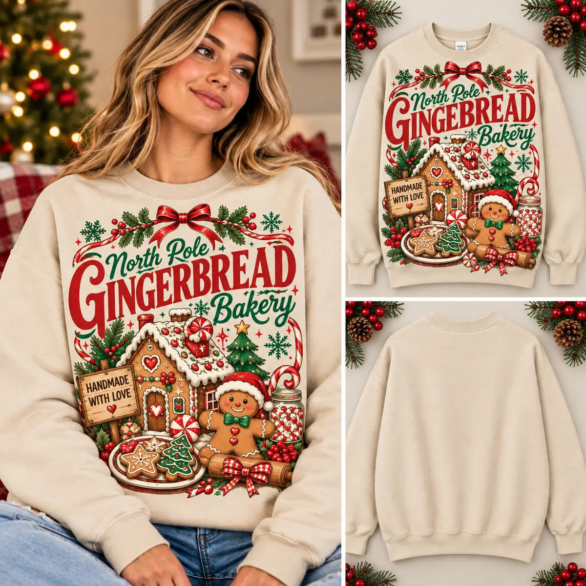 Retro North Pole Gingerbread Bakery Sweatshirt, Vintage Christmas Cookie Baking Graphic Sweater