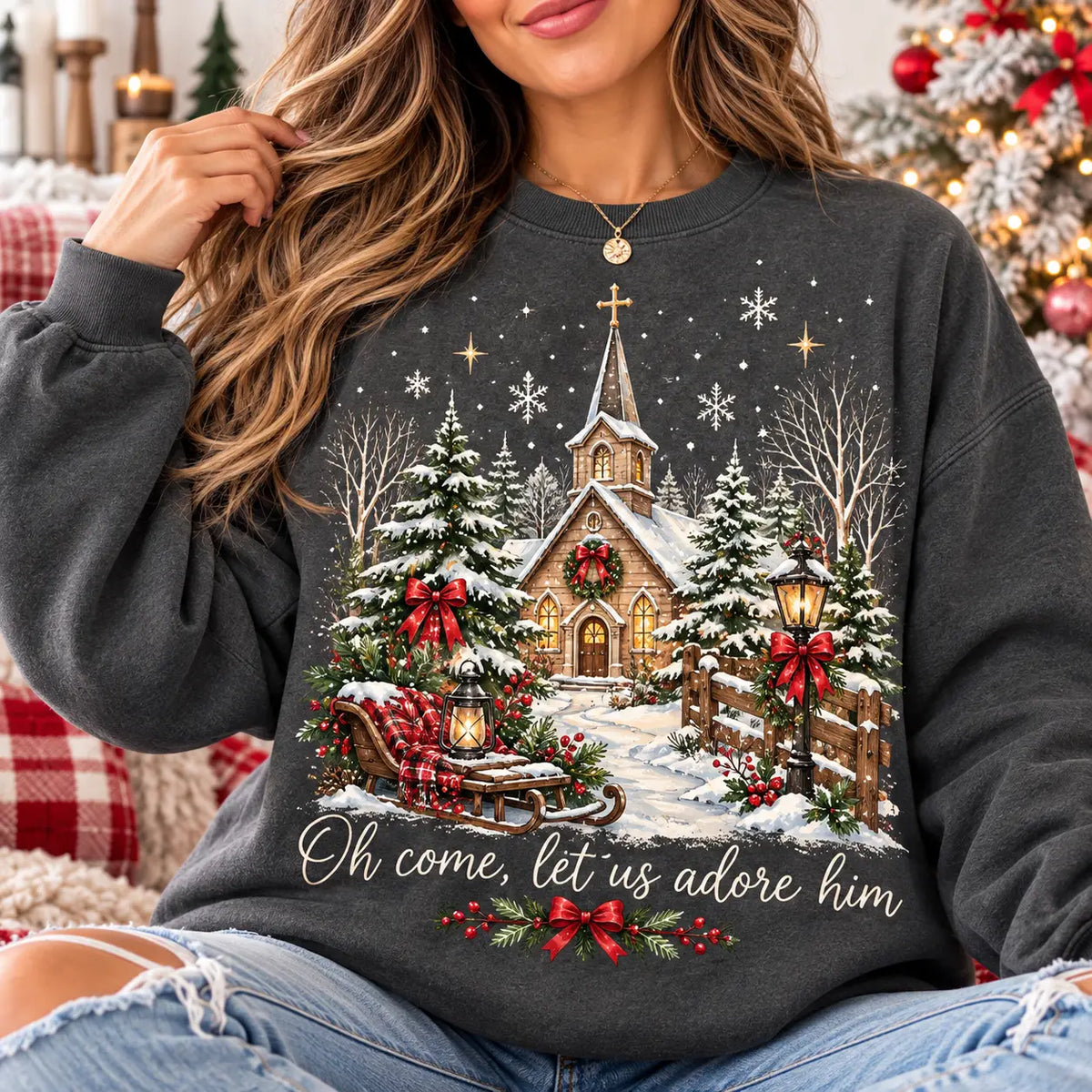 Oh Come Let Us Adore Him Christmas Sweatshirt, Winter Sweater Outfit