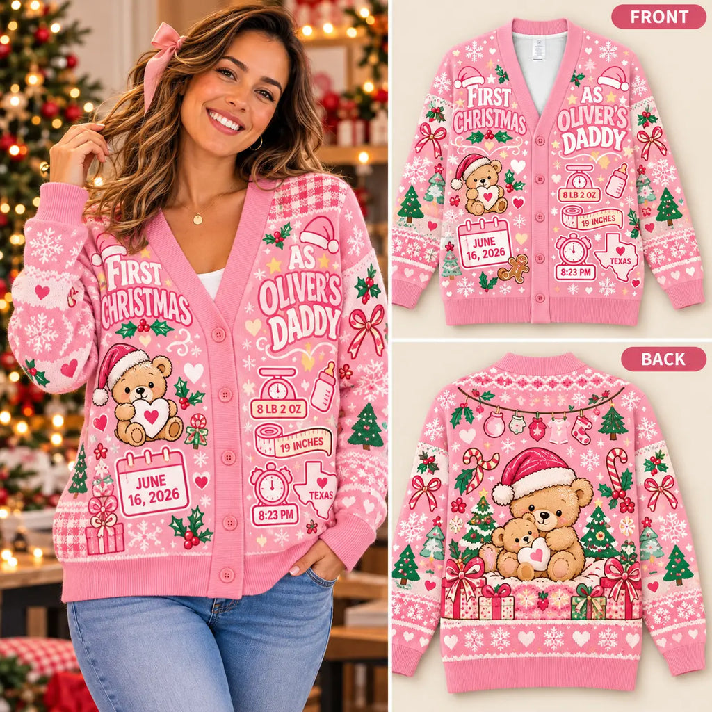 Personalized First Christmas As Parent Knitted Cardigan Sweater - Custom Baby Name