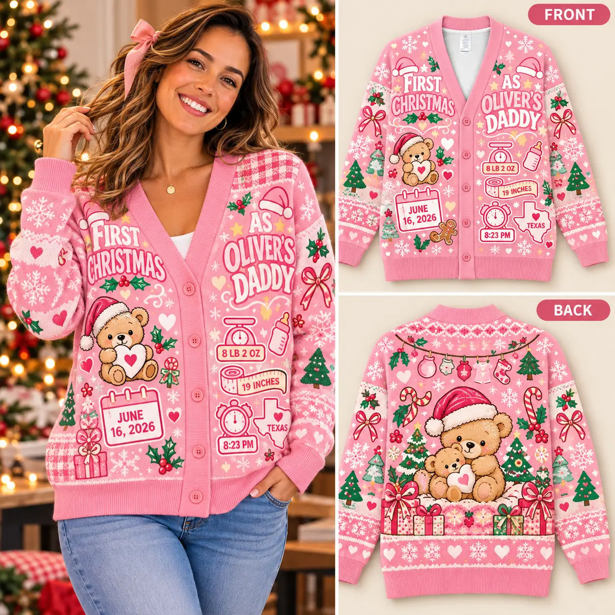 Personalized First Christmas As Parent Knitted Cardigan Sweater - Custom Baby Name