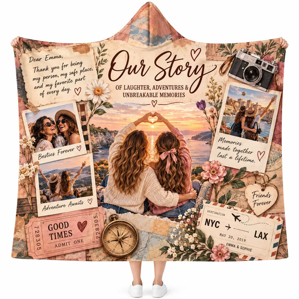 Personalized Best Friend Photo Collage Hooded Blanket, Custom Travel Gift