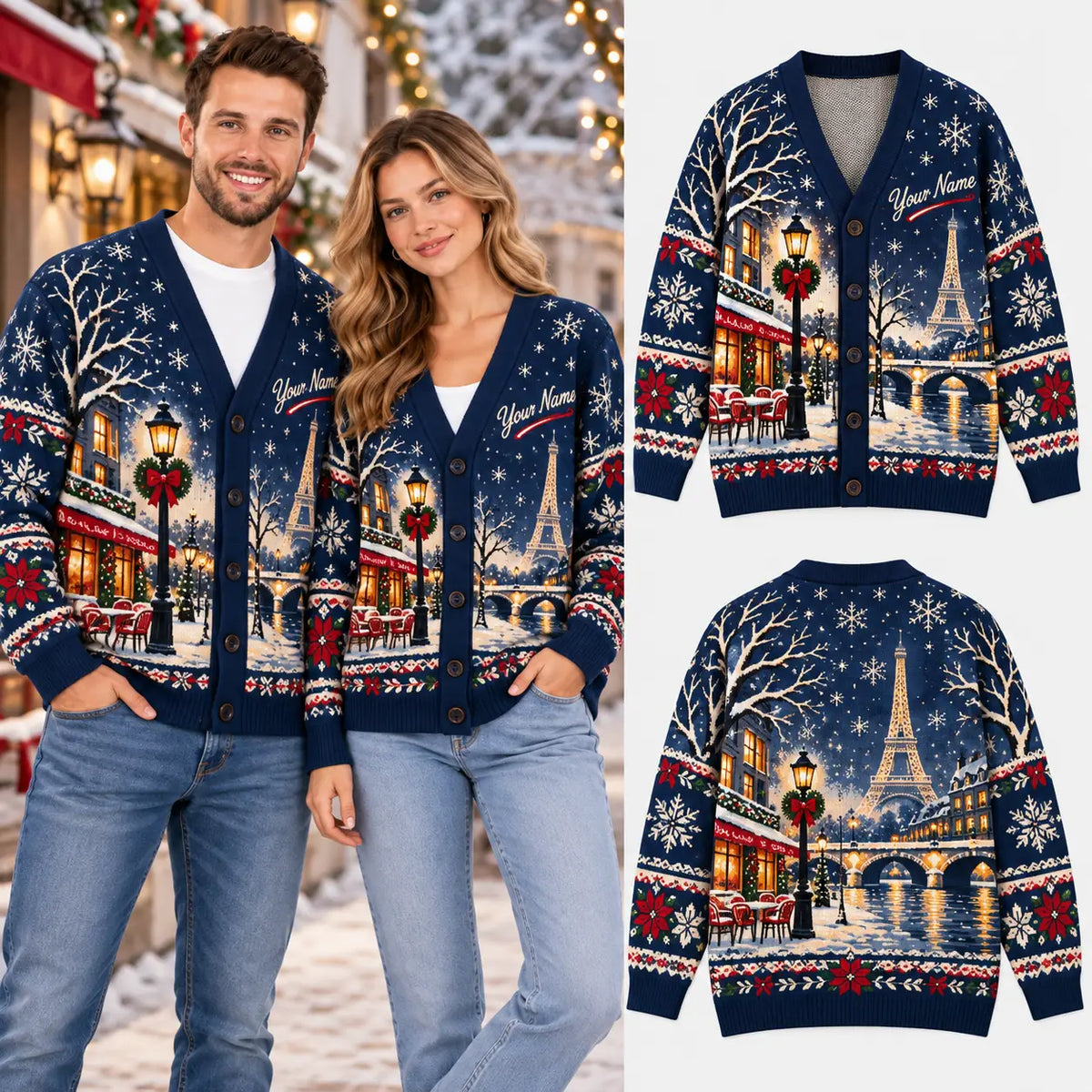 Personalized Couple Name Parisian Winter Christmas Knitted Cardigan, Cozy Winter Outfit Sweater