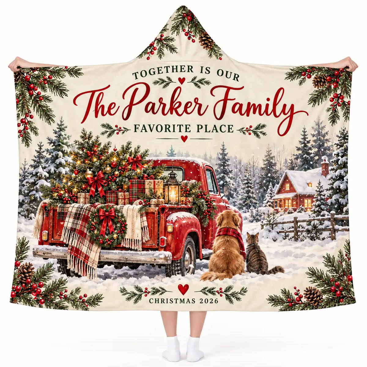 Personalized Christmas Wearable Hooded Blanket - Custom Family Name Vintage Truck & Dog Cat Snow Scene Throw Blanket