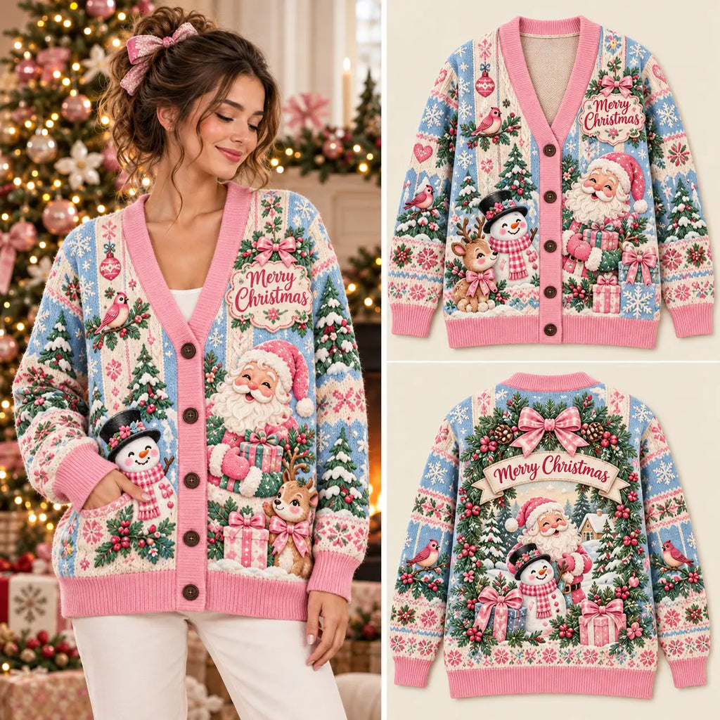 "Merry Christmas" Pastel Santa & Snowman Knitted Cardigan - Pink & Blue Sweater