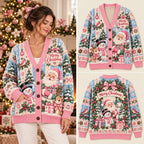"Merry Christmas" Pastel Santa & Snowman Knitted Cardigan - Pink & Blue Sweater