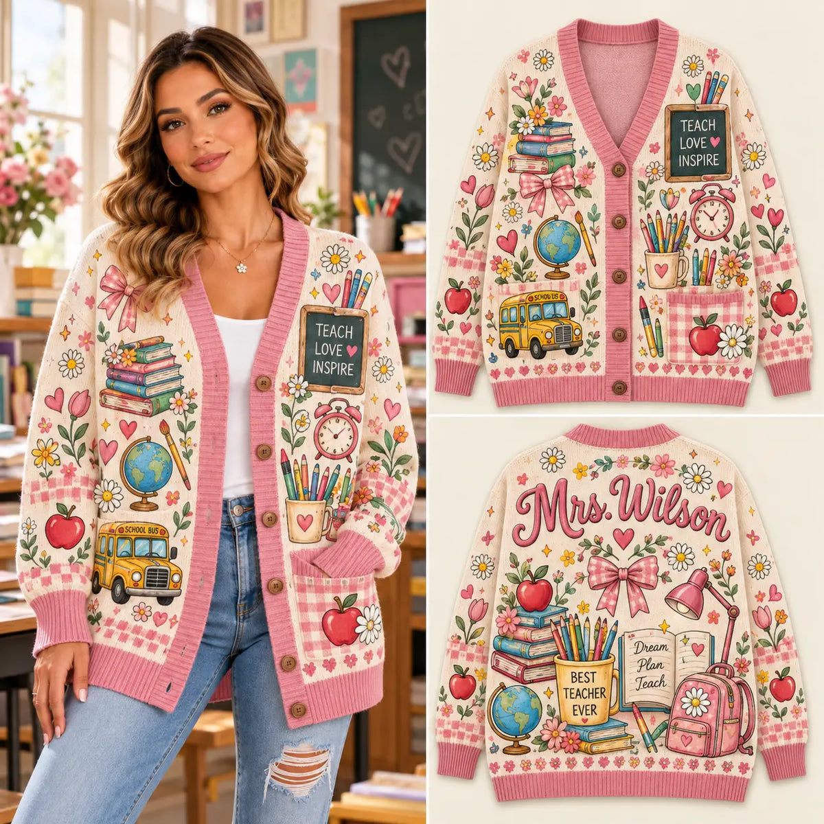 Custom Name "Teach Love Inspire" Teacher Knitted Cardigan - Pastel Pink Sweater