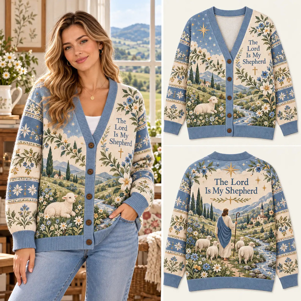 "The Lord Is My Shepherd" Christian Knitted Cardigan - Jesus & Lamb Blue Sweater