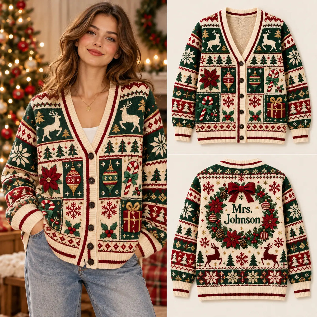 Cozy Vintage Snowflake Christmas Knitted Cardigan, Winter Outfit Sweater