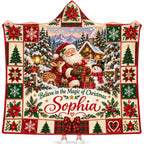 Personalized Christmas Hooded Blanket, Quilt Patchwork Santa Snowman Kids Gift