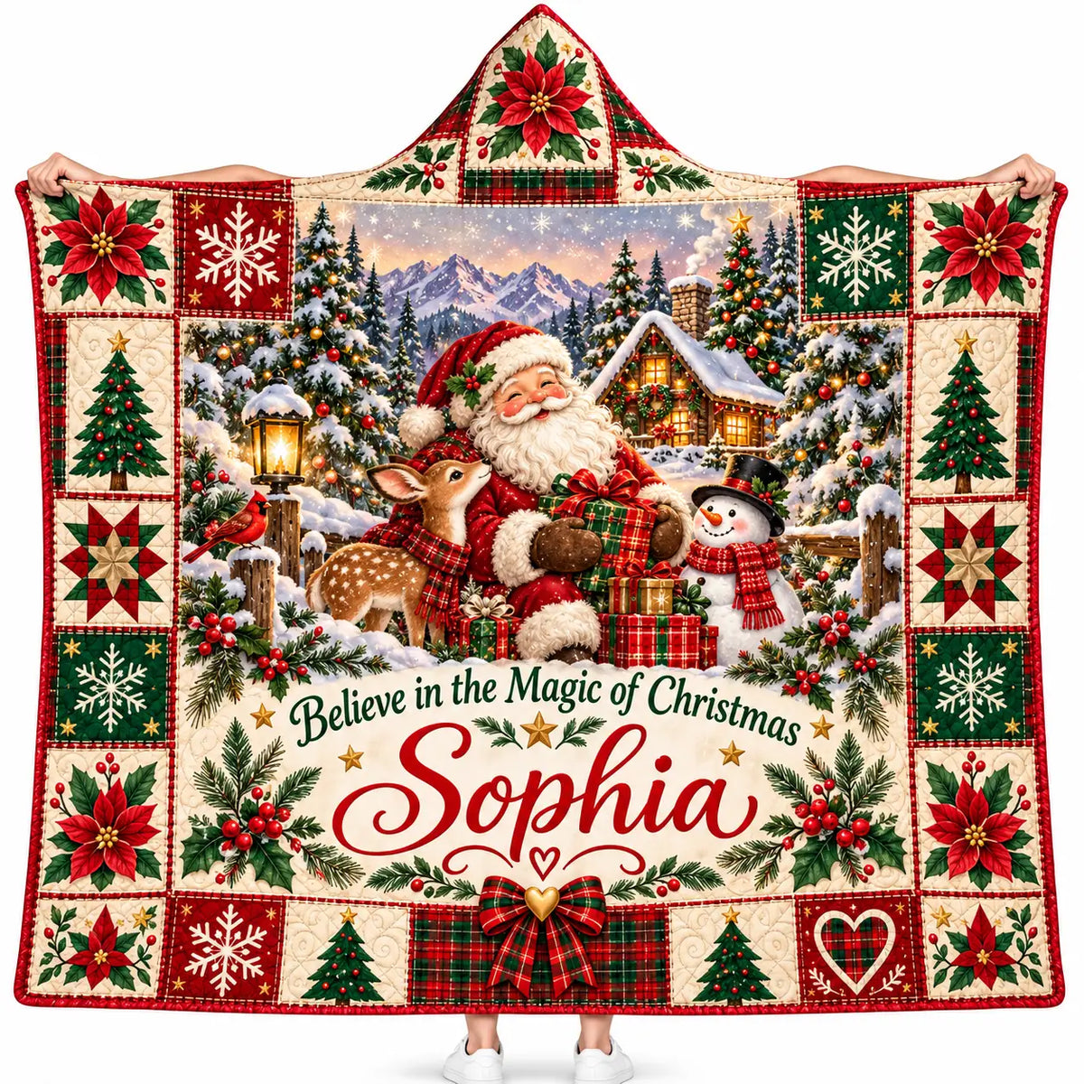 Personalized Christmas Hooded Blanket, Quilt Patchwork Santa Snowman Kids Gift