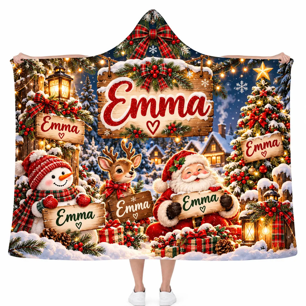 Personalized Christmas Hooded Blanket, Wooden Sign Santa Snowman Reindeer Gift