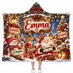 Personalized Christmas Hooded Blanket, Wooden Sign Santa Snowman Reindeer Gift