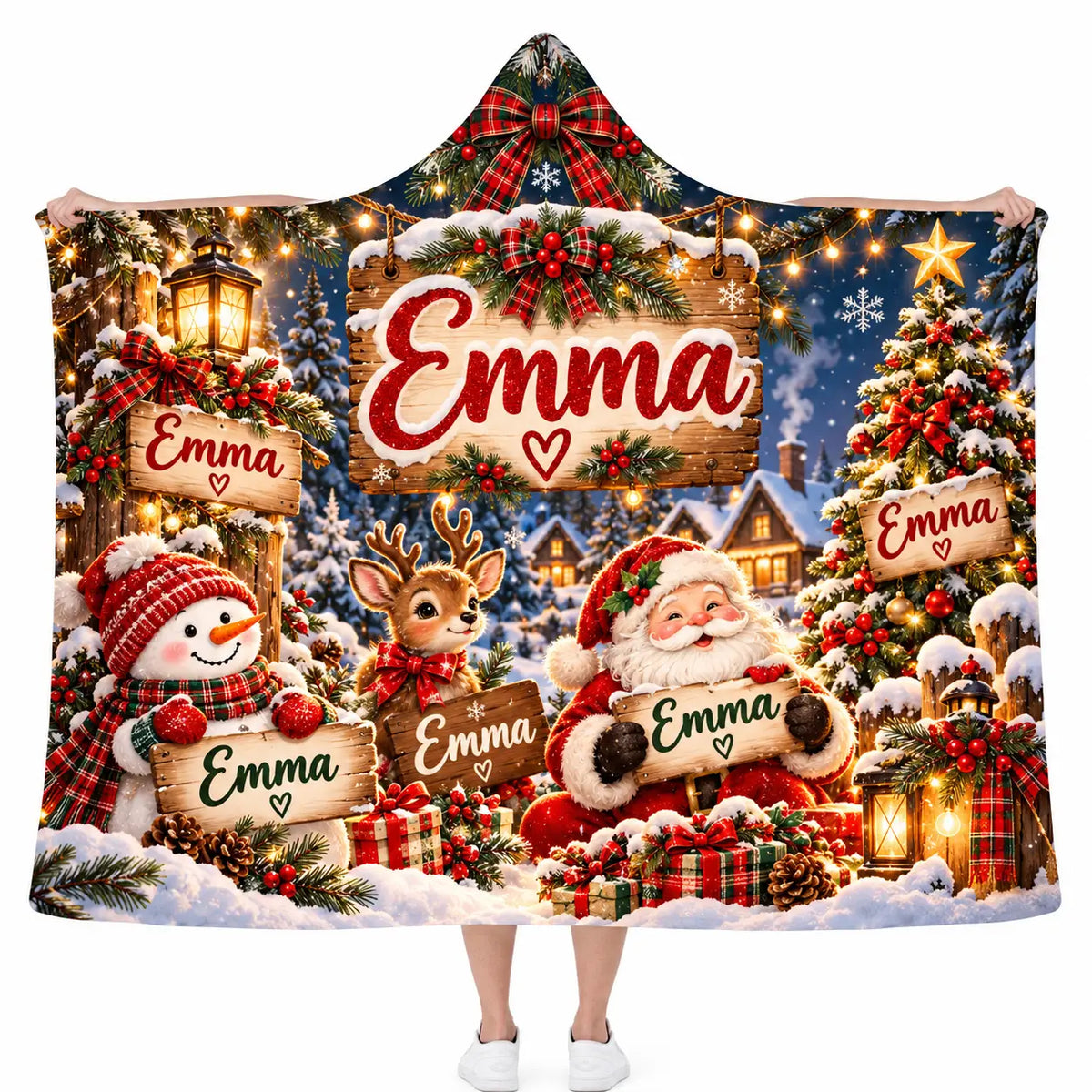 Personalized Christmas Hooded Blanket, Wooden Sign Santa Snowman Reindeer Gift