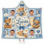 Personalized Custom Photo Baby Hooded Blanket, Teddy Bear Blue Gingham Boys Gift