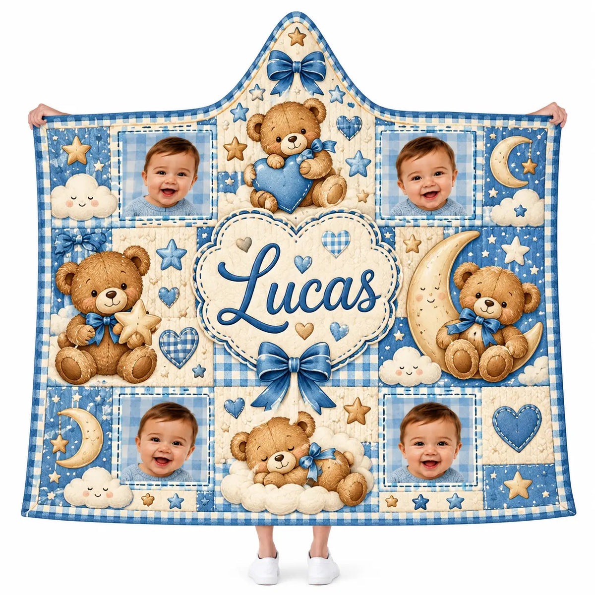 Personalized Custom Photo Baby Hooded Blanket, Teddy Bear Blue Gingham Boys Gift