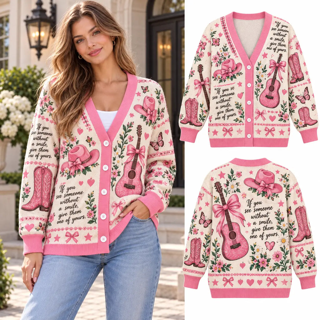 Pink Cowgirl Bows Coquette Christmas Knitted Cardigan, Cozy Winter Outfit Sweater