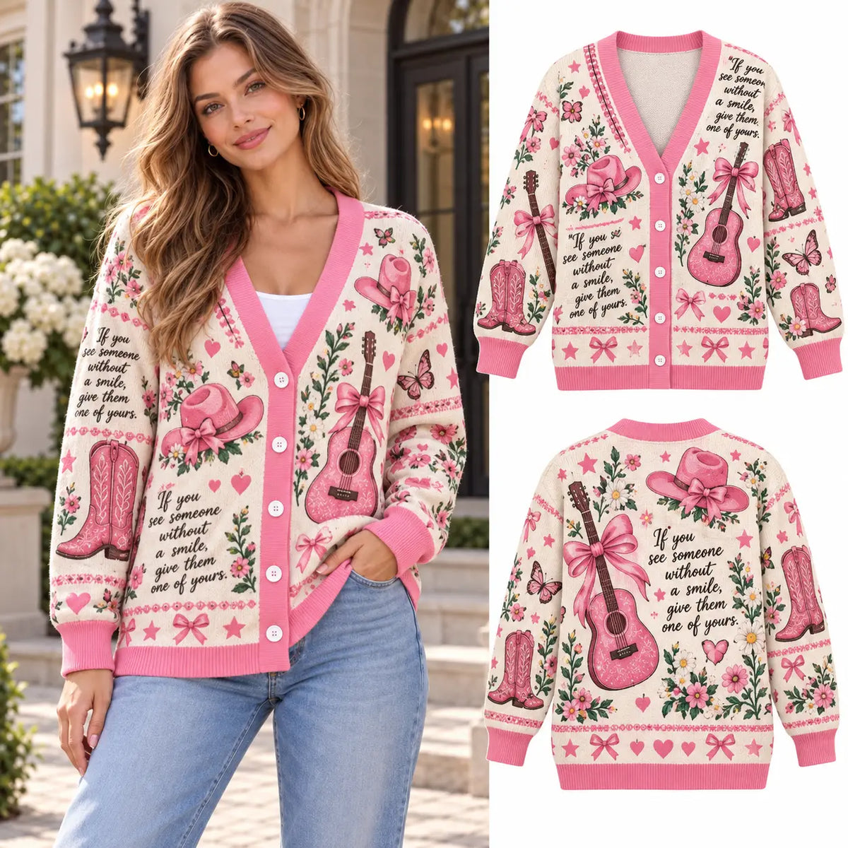 Pink Cowgirl Bows Coquette Christmas Knitted Cardigan, Cozy Winter Outfit Sweater