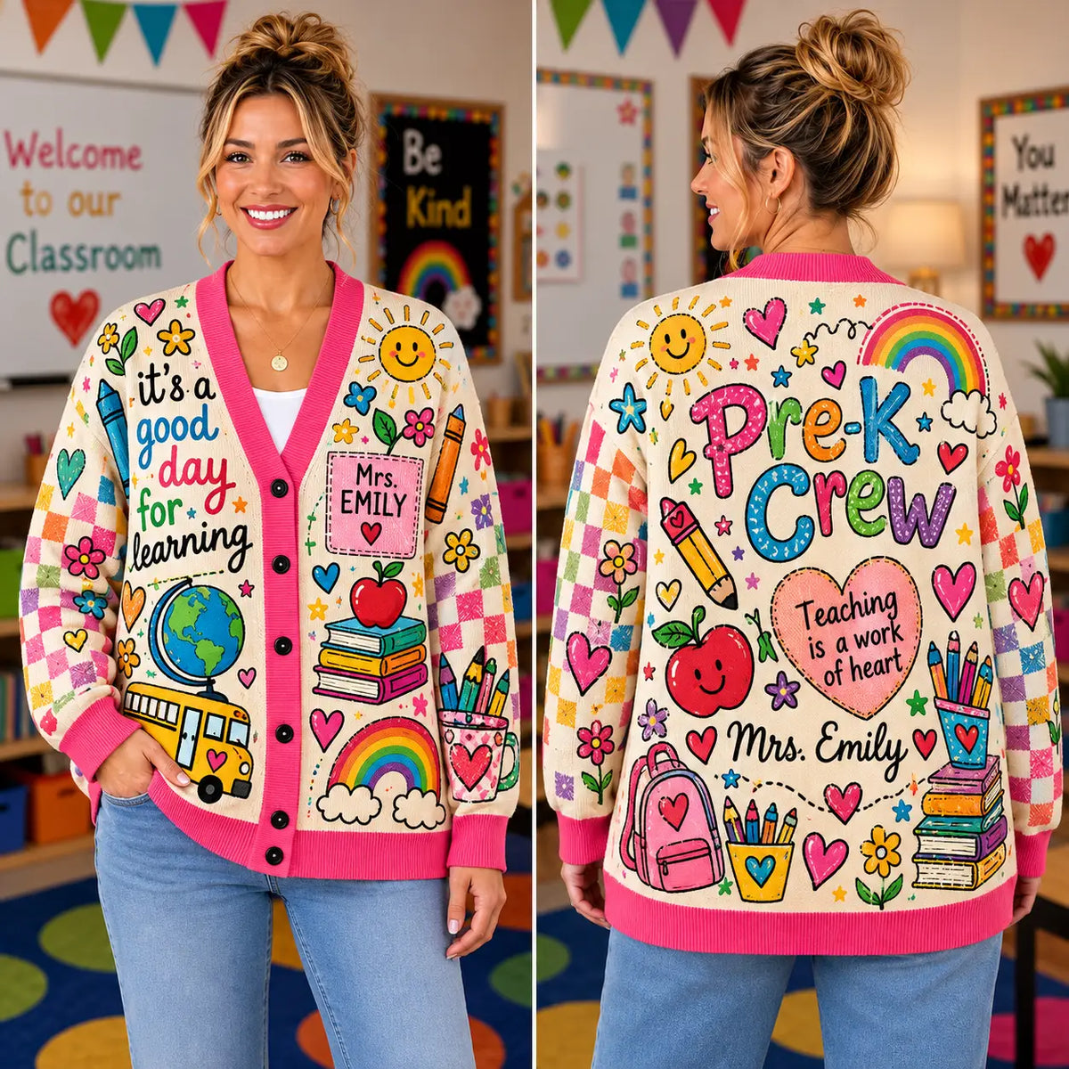 Playful Teacher Pre-K Crew Knitted Cardigan, Cozy Winter Outfit Sweater, School Theme Knit Cardigan