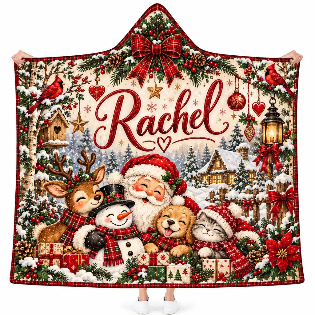 Personalized Christmas Hooded Blanket - Custom Name Santa, Snowman & Pets Wearable Blanket, Holiday Gift