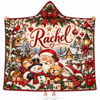 Personalized Christmas Hooded Blanket, Red Plaid Santa Snowman Puppy Kids Gift