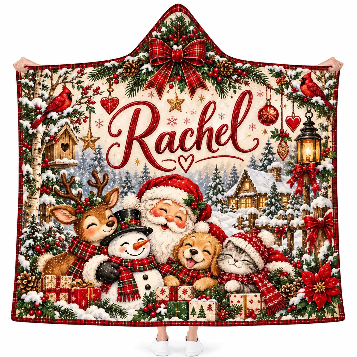 Personalized Christmas Hooded Blanket, Red Plaid Santa Snowman Puppy Kids Gift