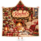 Personalized Festive Christmas Wearable Hooded Blanket - Custom Name Fireplace & Sleeping Pets Throw Blanket