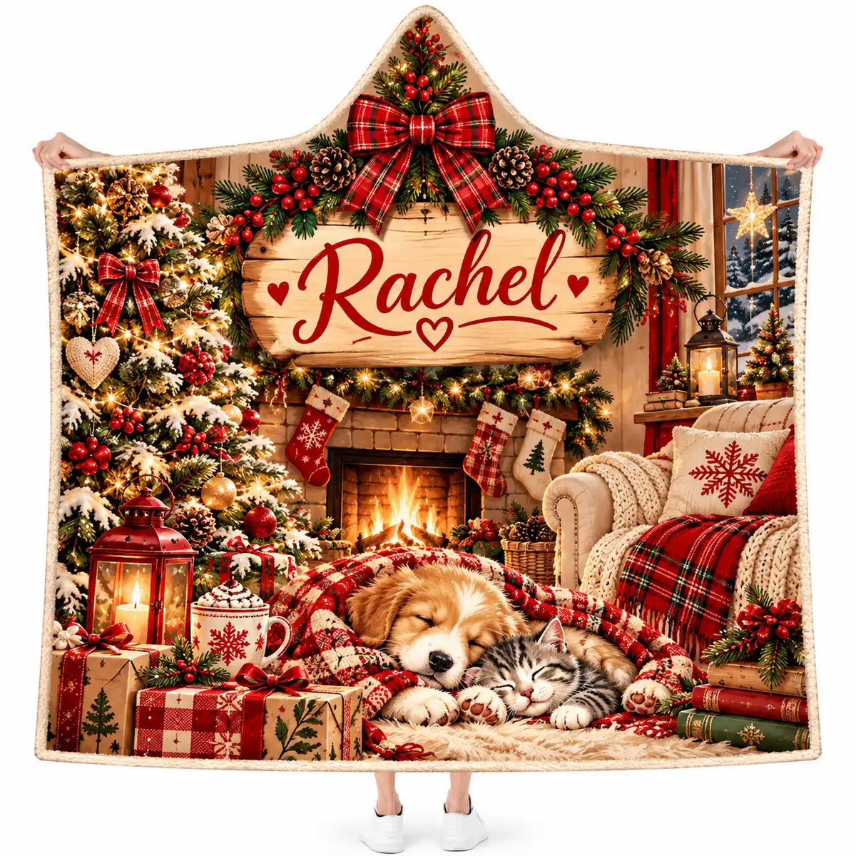 Personalized Festive Christmas Wearable Hooded Blanket - Custom Name Fireplace & Sleeping Pets Throw Blanket