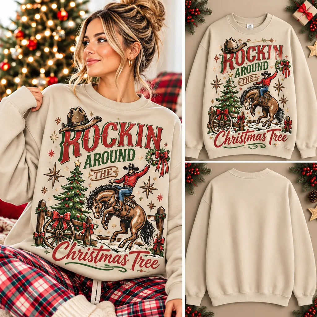 Western Christmas Sweatshirt Rockin Around The Christmas Tree Cowboy Horse Pullover