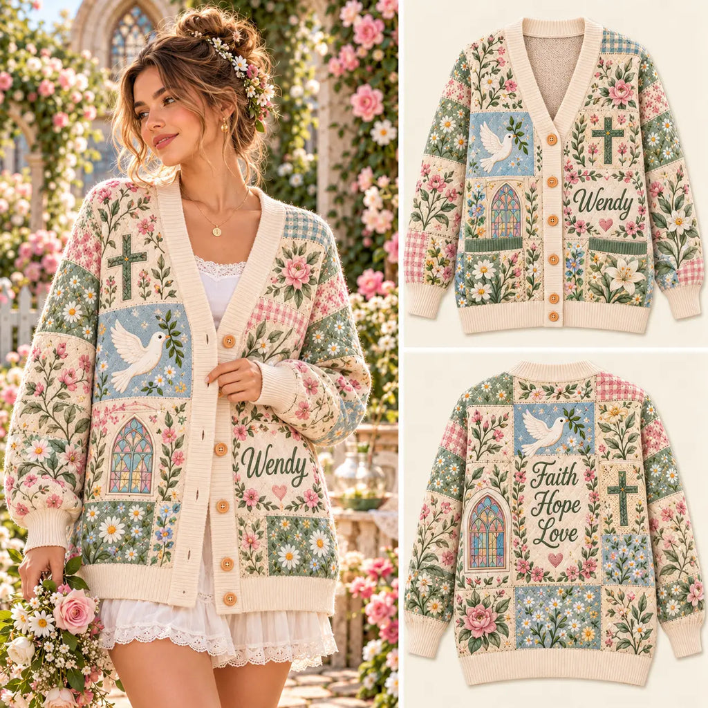 Personalized "Faith Hope Love" Christian Knitted Cardigan - Custom Name Sweater