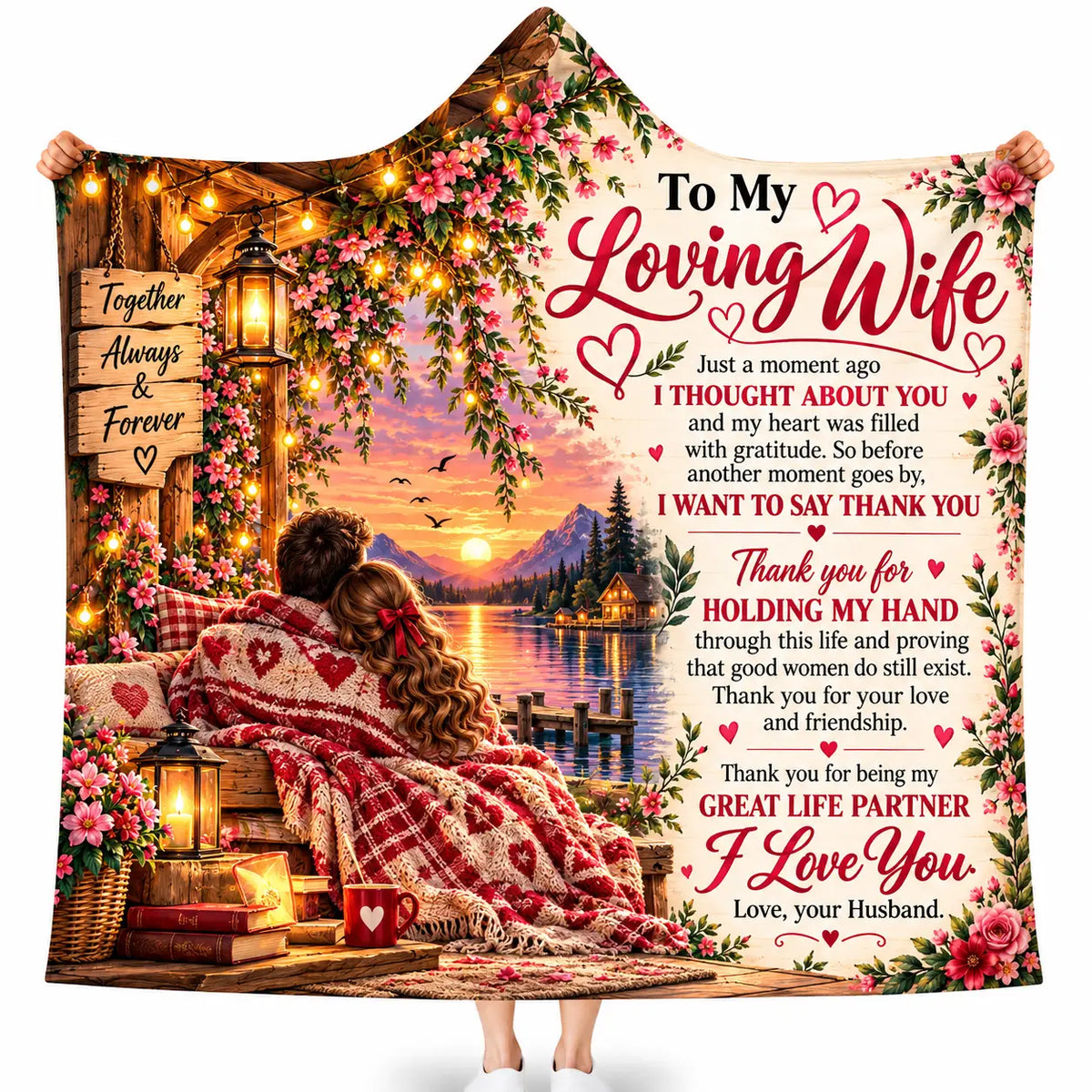To My Loving Wife Hooded Blanket, Sunset Lake Porch Cabin Anniversary Gift
