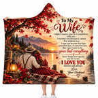 To My Wife Hooded Blanket, Autumn Red Maple Sunset Lake Dock Anniversary Gift