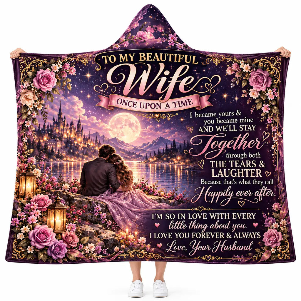 To My Wife Hooded Blanket, Fairytale Moonlit Castle Purple Rose Gift Love Husband
