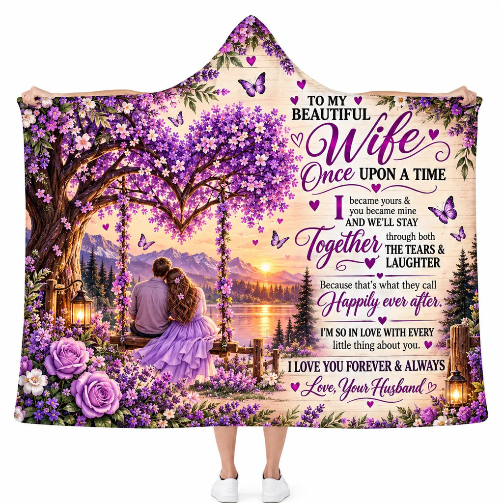 To My Wife Hooded Blanket, Purple Floral Heart Tree Swing Anniversary Gift