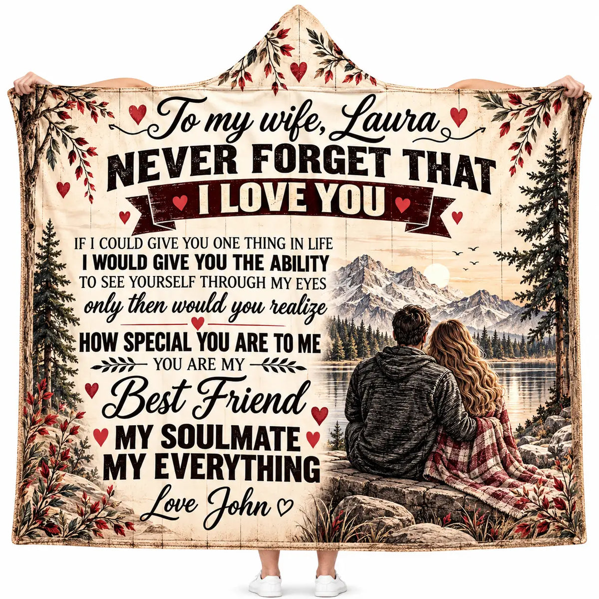 Personalized To My Wife Hooded Blanket, Rustic Mountain Lake Soulmate Gift