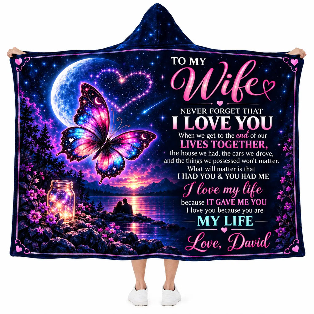 Personalized To My Wife Hooded Blanket - Romantic Galaxy Butterfly Fleece Throw Gift from Husband