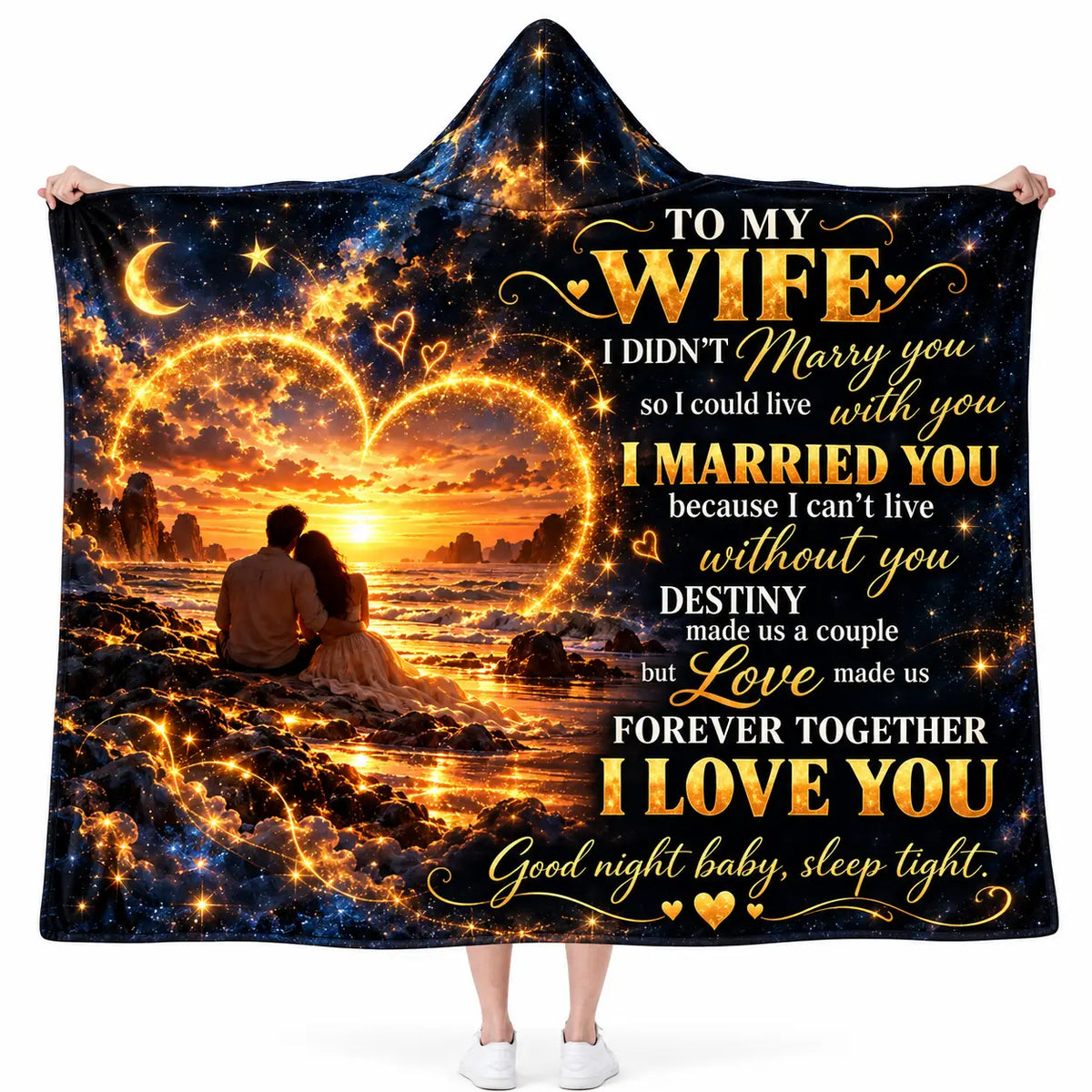 To My Wife Hooded Blanket, Romantic Starry Sky Golden Heart Sunset Anniversary Gift