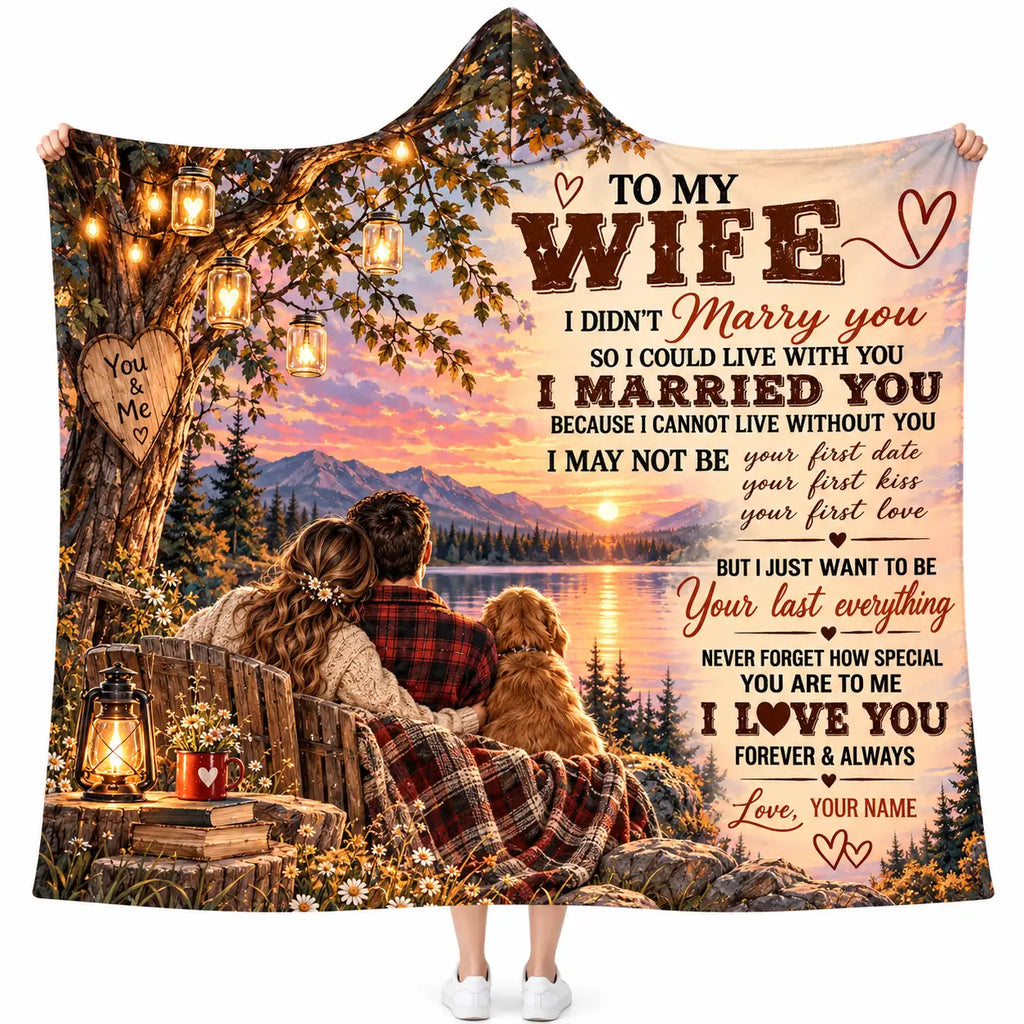 Personalized To My Wife Hooded Blanket, Romantic Sunset Lake Dog Anniversary Gift