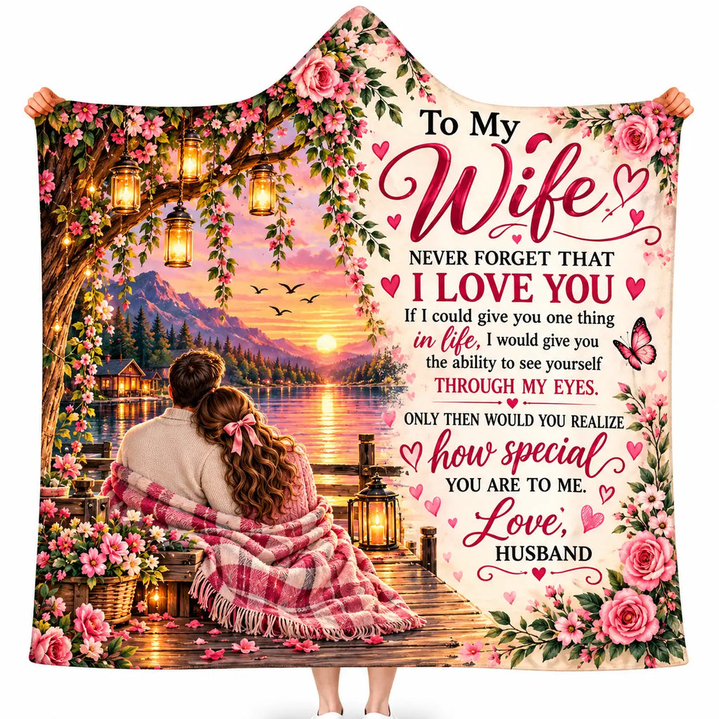To My Wife Hooded Blanket, Romantic Sunset Lake Pink Rose Anniversary Gift