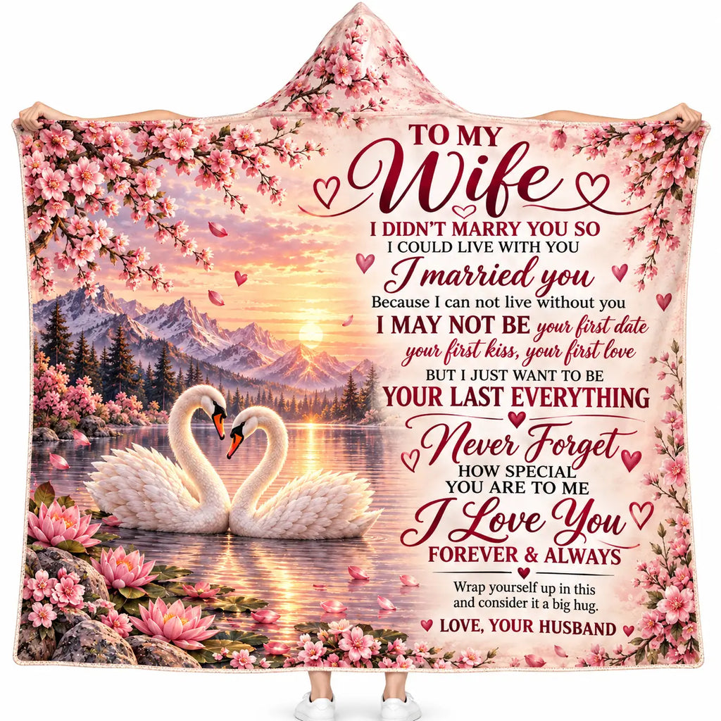 To My Wife Hooded Blanket, Romantic Swan Lake Cherry Blossom Anniversary Gift